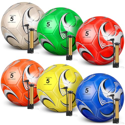 Glimin 6 Pcs Deflated Soccer Ball Bulk with Pump Size 3,4,5 Outside Sport Soccer Ball Training Ball for Adult Machine Stitched Ball for Game Match Birthday Party Gift(Size 5,Stylish)
