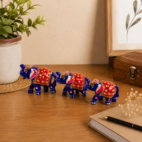 Image of eCraftIndia Handcrafted Multicolor Elephant Showpiece Set of 3 for Home Decor | Traditional Rajasthani Painted Elephant Figurines | Decorative Table Accent, Office Desk & Gifting Item