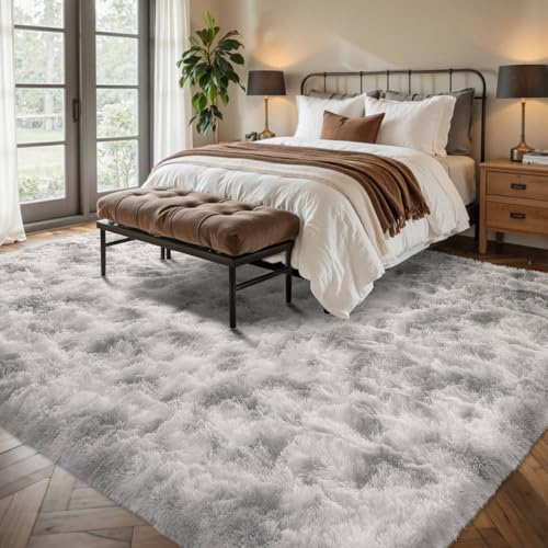 6x9 ft Rug for Living Room Fluffy Grey White Shag Rug Non-Slip Area Rugs Carpet for Bedroom Nursery Kids PlayRoom Dorm Office Indoor Modern Plush Carpets