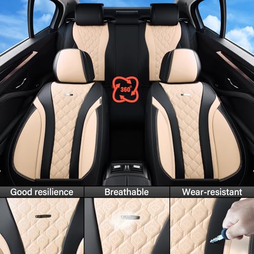 Image of Coverado Car Seat Covers, Seat Covers Full Set, Black Beige Car Seat Cover, Perforated Diamond Leather Seat Covers for Cars, Luxury Car Seat Cushion, Auto Seat Covers Universal Fit Most Cars