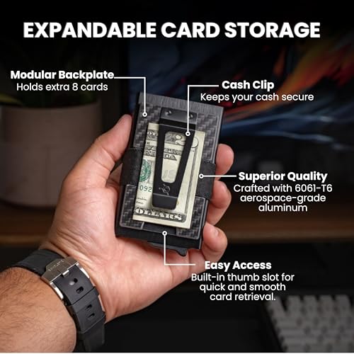 Image of CODE 118 Modular Backplate Cash Clip - Slim Minimalist Money Clip for Men - RFID Blocking Aluminum Modular Add-On, Wallet Accessory Expands Storage for Card & Cash, Wallet not Included (Carbon Fiber)