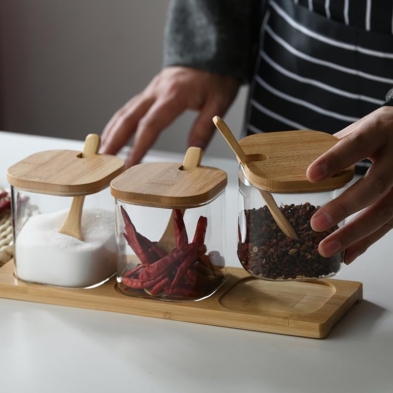 ORNAMI 3-Piece Bamboo and Glass Kitchen Jar Set with Serving Spoons and Tray, Trio Canister Set for Tea, Coffee and Hot Chocolate (Square)