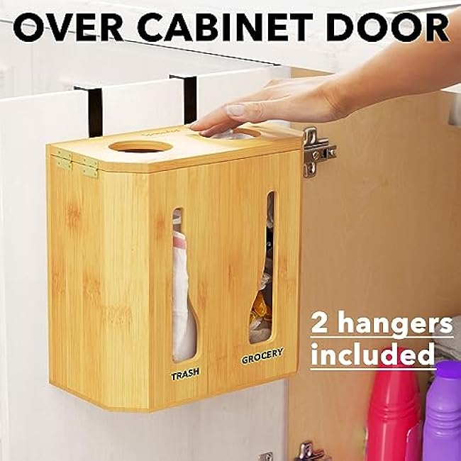 SpaceAid Bamboo 2 in 1 Garbage Bag Roll Holder & Dispenser, Under Sink Organizer for Kitchen Storage