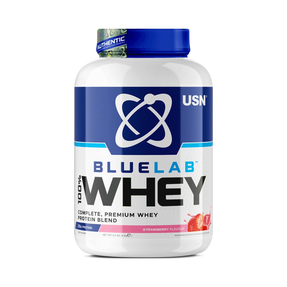 USN BlueLab 100% Whey Protein Powder 2kg (58 Servings) - Whey Isolate, Hydrolysate & Concentrate Blend - 25g Protein - High Protein Shake for Muscle Growth & Recovery - Strawberry