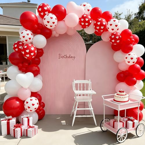 Image of Valentine Balloons, 50 Pcs Red White for Valentine's Day Wedding Party | 12 Inch Red White Heart Print Latex Balloons for Galentines Day Anniversary Proposal Engagement Birthday Party Decorations