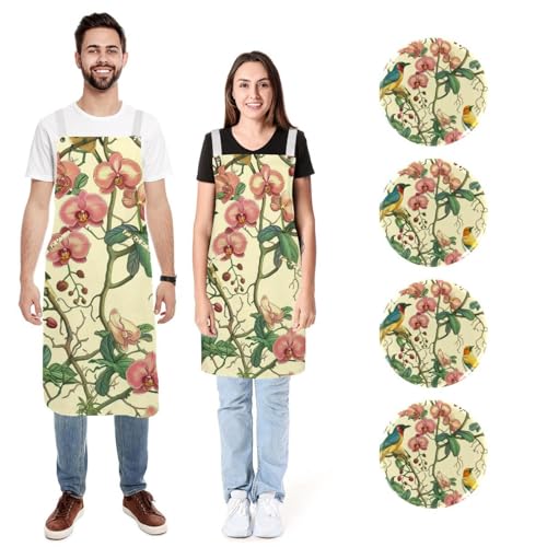 Tablier en lin motif oiseaux lot de 2 avec poches réglables pour cuisine homme femme
