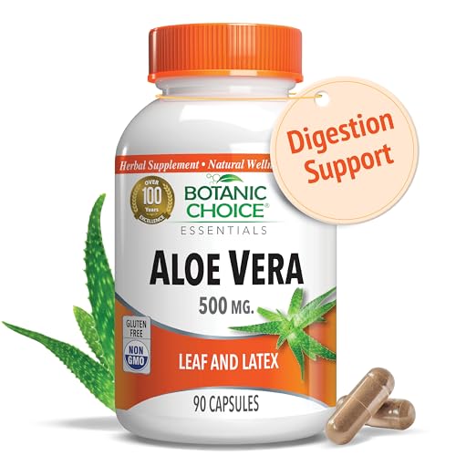 Aloe Vera- Leaf and Latex, Digestive, Liver, Stomach health-Contains Amino Acids, Vitamins, Minerals, Enzymes- 500mg-Gluten Free, Non-GMO-90 capsules