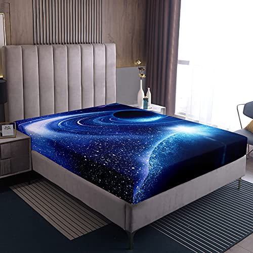 Loussiesd Galaxy Fitted Sheet 100% Microfiber Breathable Starry Sky Only Bedsheet No Pillowcases Fitted Sheets Luxury Blue Double(135x200+30cm)