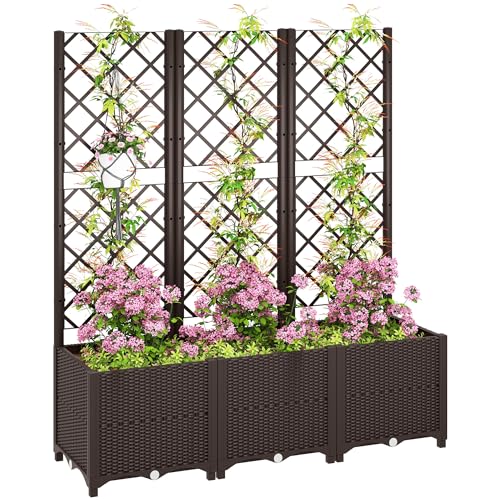 Outsunny Raised Garden Bed with Trellis, Plastic Planter Box with Drainage Holes and Drain Plugs for...
