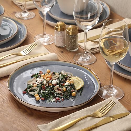 Image of Gibson Elite Algeria River Plates and Bowls Sets, 12-Piece Stoneware Dinnerware Sets, Reactive Glaze Dish Set - Blue