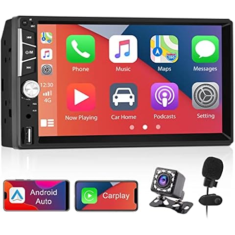 Double Din Apple Carplay Car Stereos, 7 Inch Touch Screen Car Radio with Bluetooth, FM Radio, Android Auto/Mirror Link, Reversing Camera + Microphone Cover