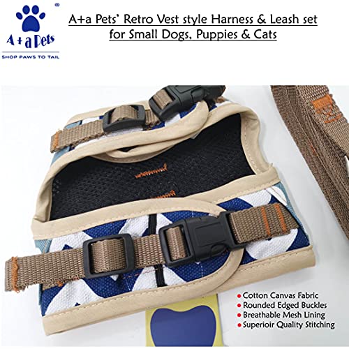 Image of A+a Pets' Retro Vest Style Combo of Harness & Leash Set, No Pull, No Escape, Breathable, Cute Soft Prints for Puppies, Small Dogs, Cats (London Dreams, Beige, Small)