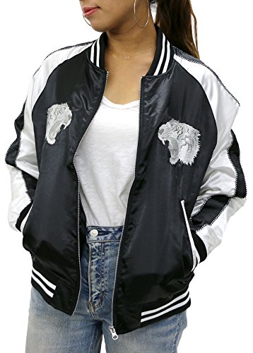 Men's Souvenir Jacket Sukajan Embroidered jacket Tiger Japan (Medium, Silver)