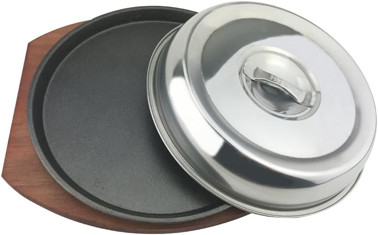 Cabilock Cast Iron Teppanyaki Grill Pan 8 Inch Sizzling Steak Plate with Wooden Base Nonstick Bbq Serving Dish for Home Cooking