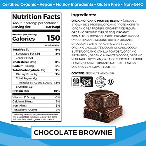 image for Orgain Organic Vegan Protein Bars, Chocolate Brownie - 10g Plant Based