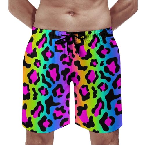 Rainbow Leopard Bright Print Mens Swim Trunks, Quick Dry Swim Shorts with Mesh Lining Swimwear Bathing Suits