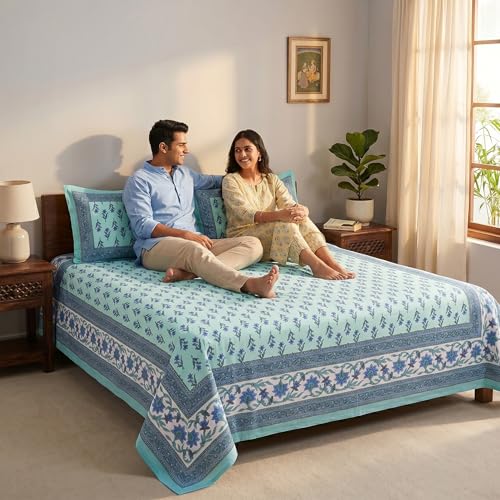 Image of Mafatlal 144 TC Heritage Queen Size Flat Bedsheet for Double Bed (90 x 100 Inches)| with 2 Pillow Covers | Soft & Smooth Printed Bedsheet for Daily Use | Glacier Blue