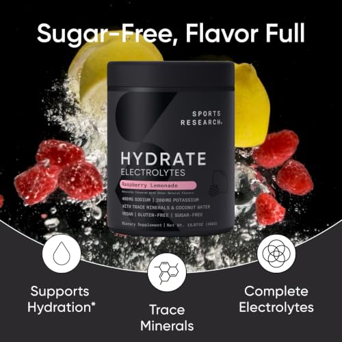 Image of Sports Research Hydrate Electrolytes Raspberry Lemonade, 90 Servings | Sugar-Free & Flavorful with 7 Essential Vitamins, 65 Trace Minerals, and Coconut Water for Whole Body Hydration
