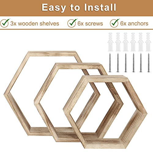Sehertiwy Hexagonal Floating Shelves Wall Mounted Set Of 3 Wood Farmhouse Storage Honeycomb Wall Shelf For Bathroom, Kitchen, Bedroom, Living Room, Office,Driftwood Finish #TOP4