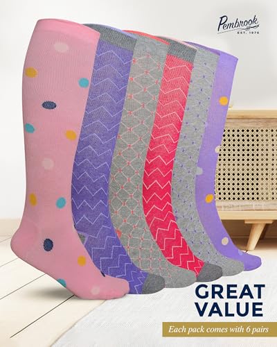 Image of Pembrook Light Compression Socks for Women - 6 Pairs |8-15 mmHg | Polkadots, Zigzag, Crisscross | Soft | Graduated
