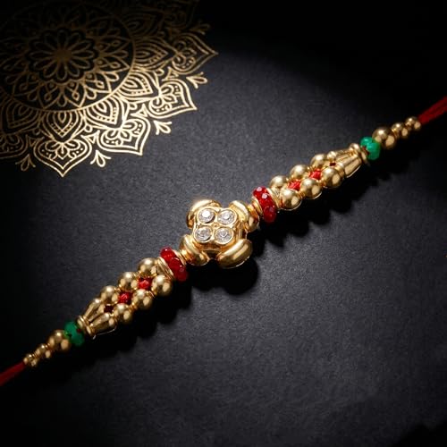 Image of Lucky Jewellery Rakhi for Brother, Golden Floral Stone Design, Red Thread, with Roli Chawal and Greeting Card
