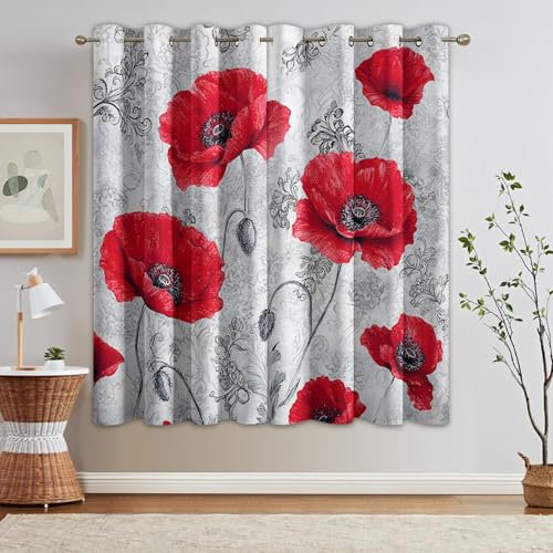 Red Poppy Curtains for Bedroom 90x90, Floral Curtains Blackout Living Room Home Decor, Printed Window Eyelet Drapes 90 Inch Drop 2 Panels - TEB252 - Image 4