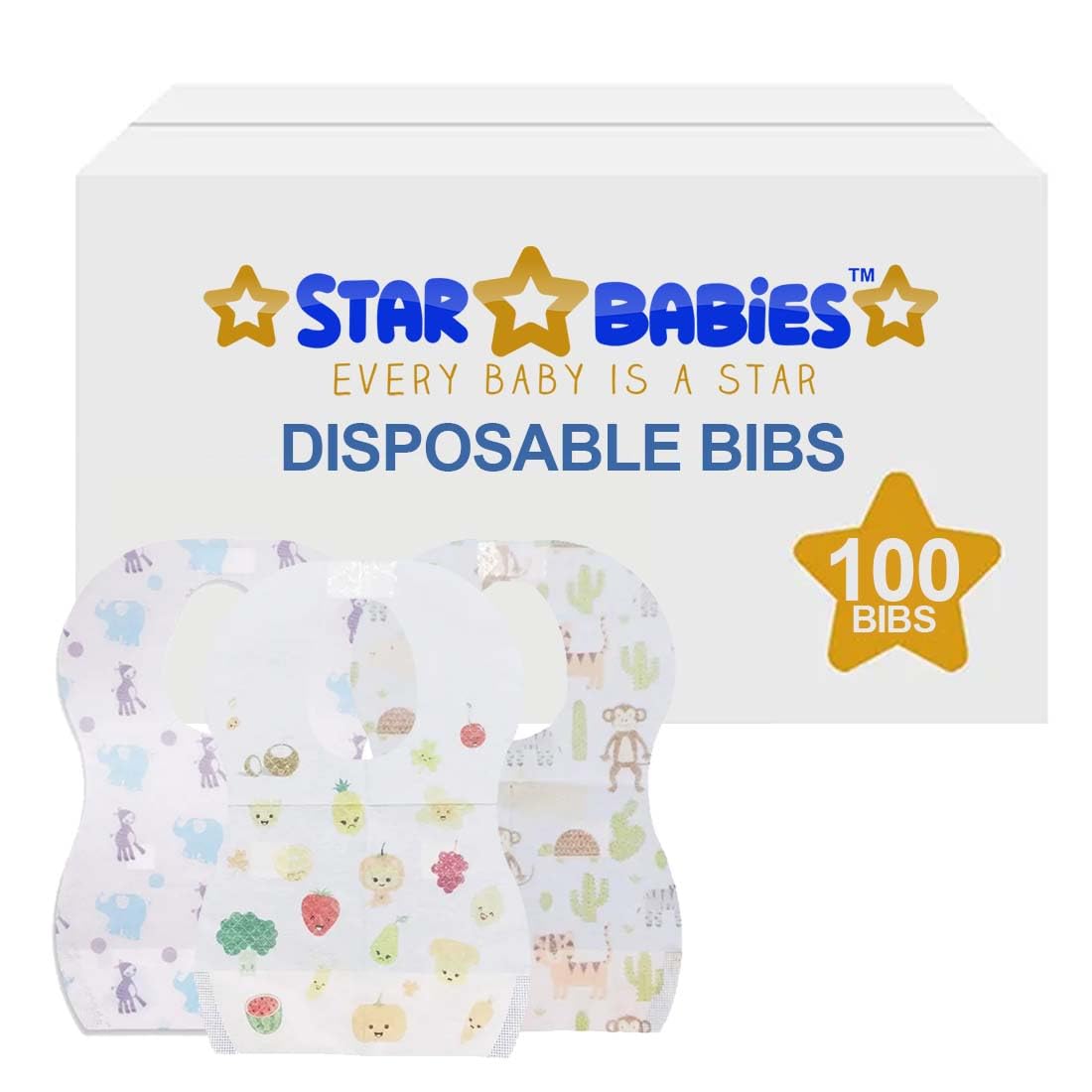Star Babies Disposable Bibs Pack of 100 - Assorted Printed