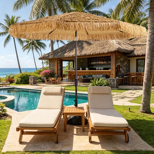 HOMSHADE 9ft Hula Thatched Hawaiian Style Tiki Umbrella with Crank & Tilt UPF 50+ Nylon Thatch & 220GSM Polyester Canopy 8 Heavy-Duty Steel Ribs for Outdoor Patio Beach Pool Backyard Garden