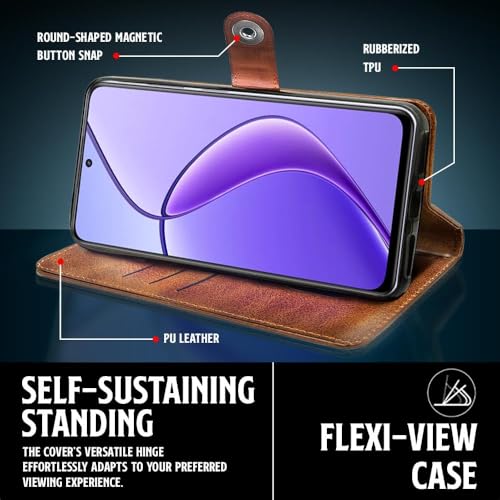 Image of Genuine Leather Inside Back TPU Wallet Button | Magnetic Stand Dual Layer Flip Cover for Compatible Model with Oppo CPH2733 / A5x 5G - Brown