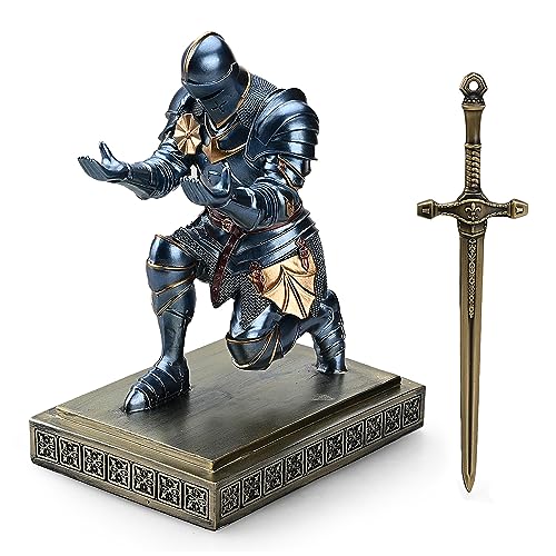 Amoysanli Medieval Armored Warrior Knight Pen Holder Desk Organizers and Accessories Resin Pencil Holder Paperweight as Gift with a Cool Letter Opener for Desk (Blue) - Image 2