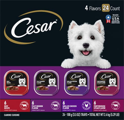 Cesar Classic Loaf in Sauce Wet Dog Food, Beef Recipe, Filet Mignon Flavor, Grilled Chicken Flavor, and Porterhouse Steak Flavor, 3.5 oz. Easy Peel Trays, Variety Pack (24 Count, Pack of 1)
