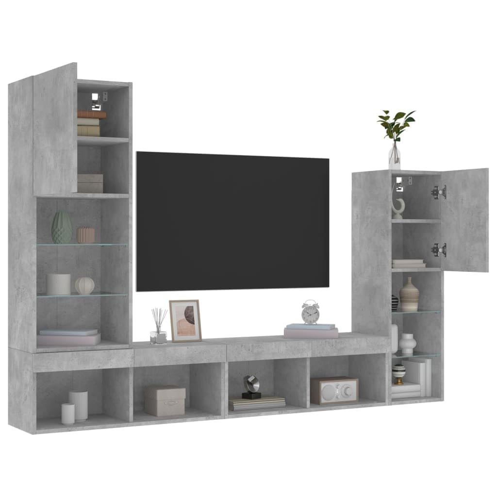 4-częściowy zestaw meblościanek, szary beton, materiał drewnopochodny, z oświetleniem LED RGB, nowoczesne meble telewizyjne do salonu, stabilne i odporne na wilgoć, wysokość 30-102 cm