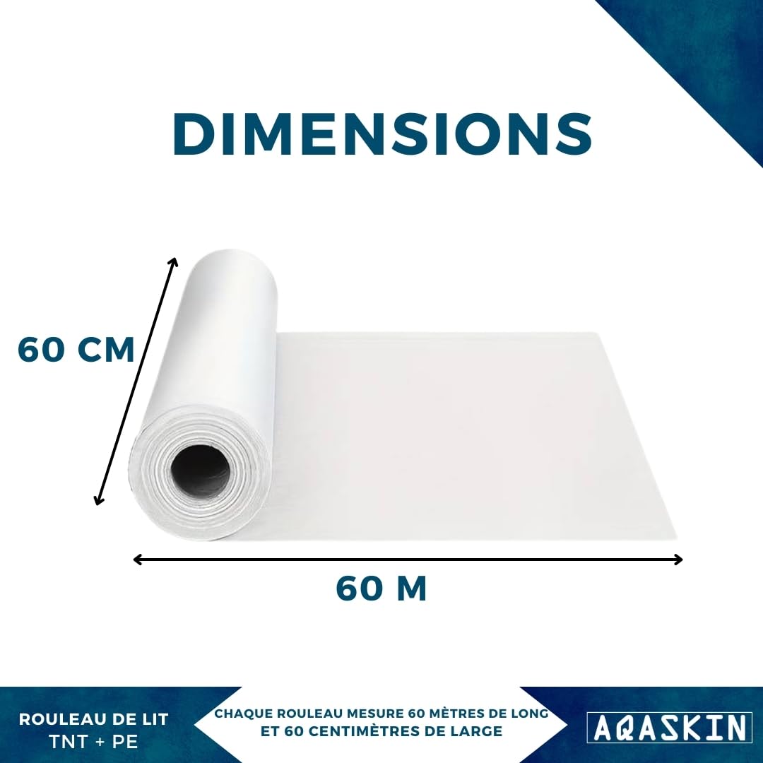 Lot de 6 rouleaux de lit esthétique en Tnt+PE (hydrofuge) 35 g/m² – Remises quantités – Un côté doux TNT, un côté PE imperméable – 60 cm x 60 m – Rouleau pour lit de massage – Drap imperméable