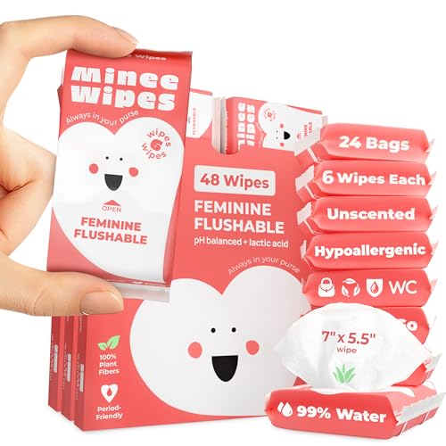 Image of Feminine Wipes for Women - Flushable pH Balanced Wipes, 99% Water & Aloe - Unscented, Gentle Intimate & Period Care with Odor Protection - Daily Hygiene & Travel Essentials - 24 Pack, 144 Wipes