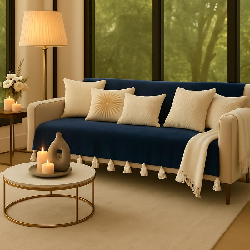 Navy Blue Tassel Sofa Cover 3-Seater Fully Covered |Anti Slip Couch Cover|Tassel Sofa Throws for 3Seater |Aesthetic 3 Seater Sofacovers With Tassels for Living Room|Back & Seat Slipcover Sofa Runner-picture-26