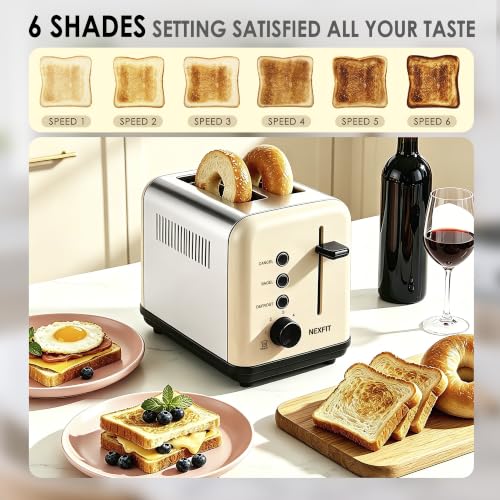 Image of Toaster 2 Slice, Stainless Steel, 6 Shade Settings, 1.5 inch Extra Wide Slots | NEXFIT Retro Toaster with Bagel, Defrost, Reheat & Cancel Functions, 900W, Removable Crumb Tray, High Lift, Cord Wrap, Beige