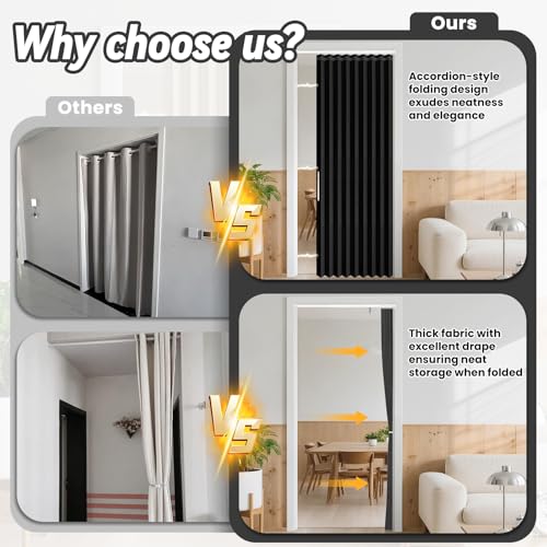 Image of AJAZZ 100% Blackout Sliding Door Curtains for Doorways, Accordion Doors Magnetic Door Curtain for Bedroom Living Room Doorway Curtain Sets (1 Pack, 44 W x 78 L,Black+Rod)