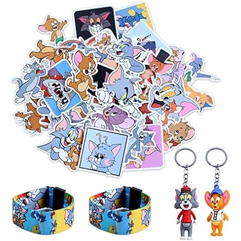 Tom and Jerry Toy Set, 50 Pieces Tom and Jerry Stickers Stickers, 2 Pieces Tom and Jerry Silicone Bracelets, 2 Pieces Tom and Jerry Keychain, for Children Tom and Jerry Party Decoration Cover