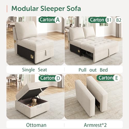 Image of HONBAY Modular Sectional Sleeper Sofa with Pull Out Bed, L Shaped Couch with Storage Seat Sectional Couches for Living Room,Mid Beige