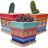 Small Ceramic Succulent Planter Pots with Drainage Holes for Plants, Flowers, Cactus and Succulents - Cute Mini Decorative Indoor Plant Flower Pot Set with Bamboo Trays - Garden Planters