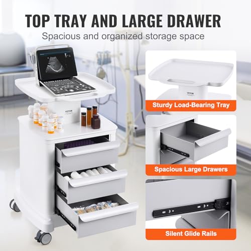VEVOR 4 Tiers Lab Carts, Lab Utility Cart with 3 Drawers & 1 Top Tray, Mobile Medical Cart with ABS Material, Lab Rolling Cart with 4 Silent Wheels for Lab, Clinic, Hospital, Salon, White by VEVOR - Image 5