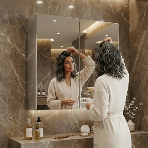 Image of Dropin (18x18 Inch, Chrome Finish 304 Stainless Steel Bathroom Mirror Cabinet, Heavy-Duty Storage Cabinet /Wall Mounted Mirror Bathroom Cabinet Separate Compartments for Storage