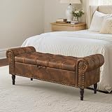 Cozyman Storage Bench, 50” Queen Faux Leather Tufted Button End of Bed Bench with Rolled Arm and Nailhead Trim, Upholstered Bedroom Bench, Storage Ottoman for End of Bed, Living Room, Entryway, Brown