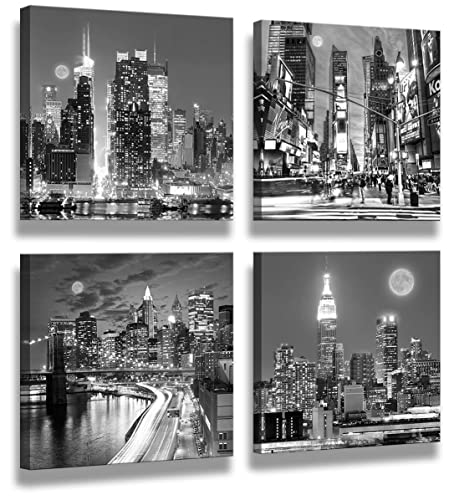 New York Wall Art Black And White Wall Art Canvas Wall Art Print Black And White Brooklyn Bridge,Empire State Building New York Poster Wall Art Modern Artwork For Office Home Decor 14X 14Inch X 4 #TOP1