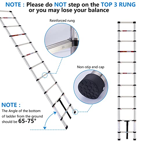 10.5 Ft Telescoping Ladder, Meanfun Stainless Steel One-Button Retraction Collapsible Ladder, Anti-Pinch Extension Compact Ladder With Locking Mechanism For Household Or Outdoor Work, 330 Lb Capacity #TOP4