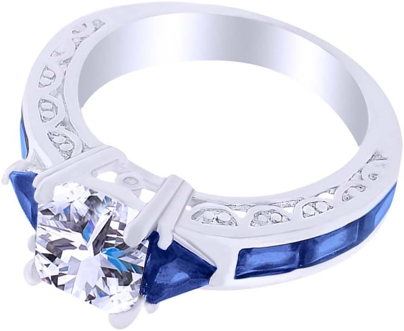 AFFY Simulated Blue Sapphire & White Cubic Zirconia Engagement Ring in 925 Sterling Silver(1.50Cttw)