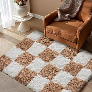 Checkered Area Rug 2x6 for Bedroom, Colorful Modern Shag Rug Super Soft Runner Carpet Washable Fluffy Rugs for Living Room Bedside Sofa Home Dorm Decor Aesthetic 2' x 6' (Runner) Brown Multi