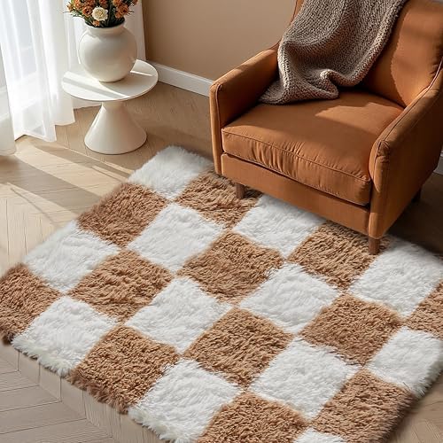PureCozy Checkered Area Rug 2x3 for Bedroom, Black and White Modern Shag Rug Super Soft Runner Carpet Washable Fluffy Rugs for Living Room Bedside Sofa Home Dorm Decor Aesthetic 2' x 3' (Run