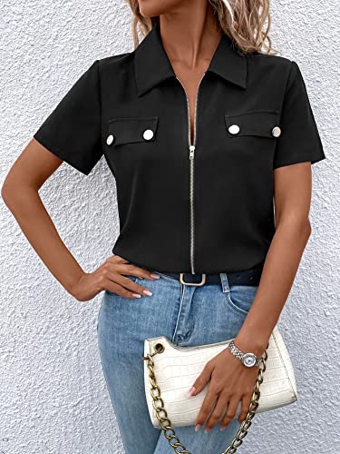 Sweatyrocks Women's Casual Short Sleeve Collared Top Button Front Full Zip Up Tee Shirt Black L #TOP2