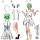 Toulite 8 Pcs Halloween Alien Costume for Women with Metallic Top Skirt Space Dress Up Party Supplies (Medium)